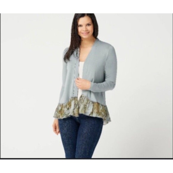 LOGO by Lori Goldstein  Cardigan with printed chiffon trim Size Medium Womens - Picture 1 of 10